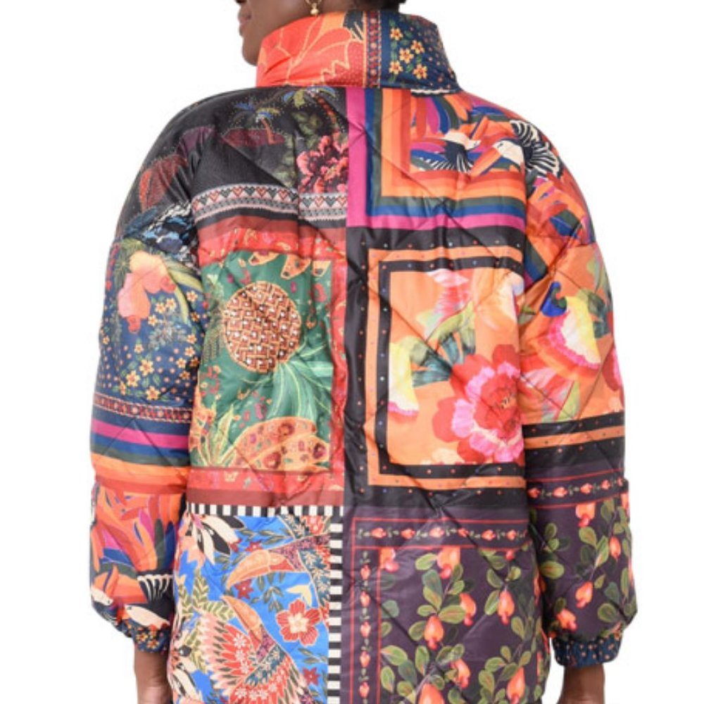 FARM Rio Mixed Scarves Reversible Puffer Jacket Patchwork Dopamine - Picture 2 of 14